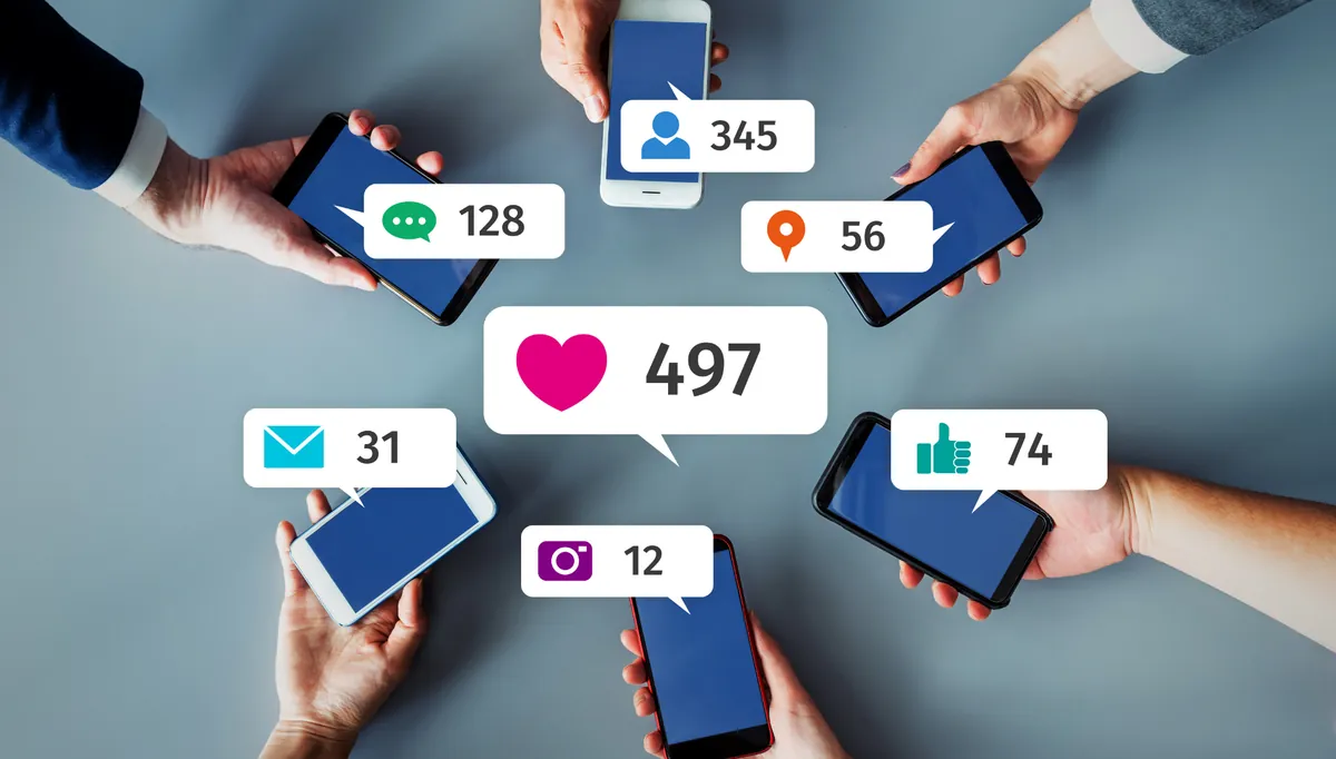 Smartphones exibindo ícones de curtidas e notificações