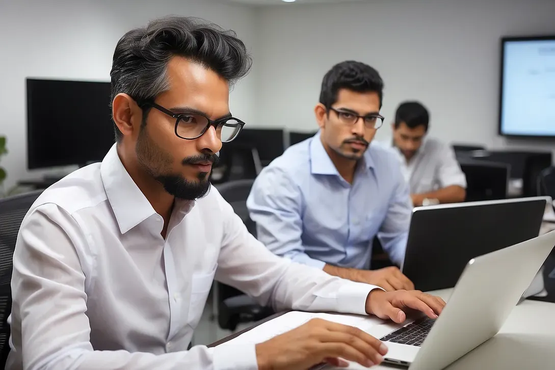Equipe reunida em frente a um notebook discutindo o trabalho
